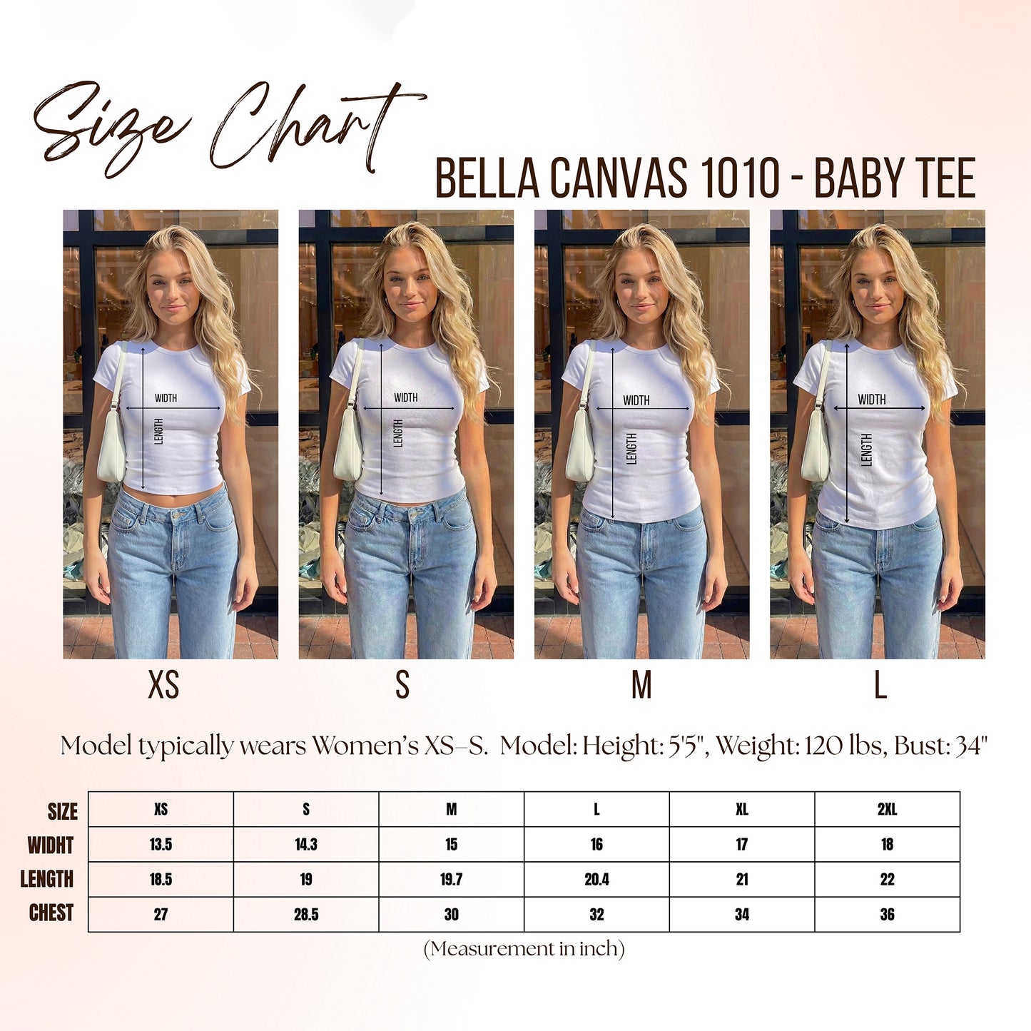Size chart for Bella Canvas 1010 baby tee with model wearing the shirt in XS, S, M, and L.