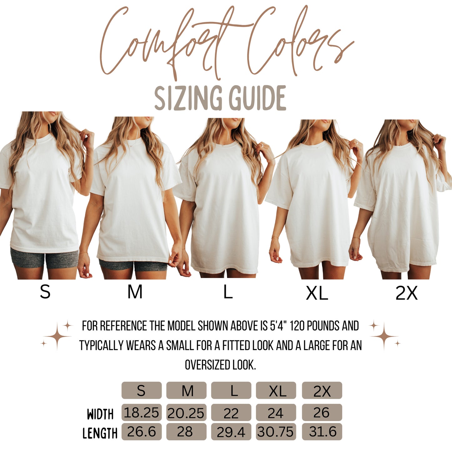 Comfort Colors sizing guide for a white t-shirt with model measurements.