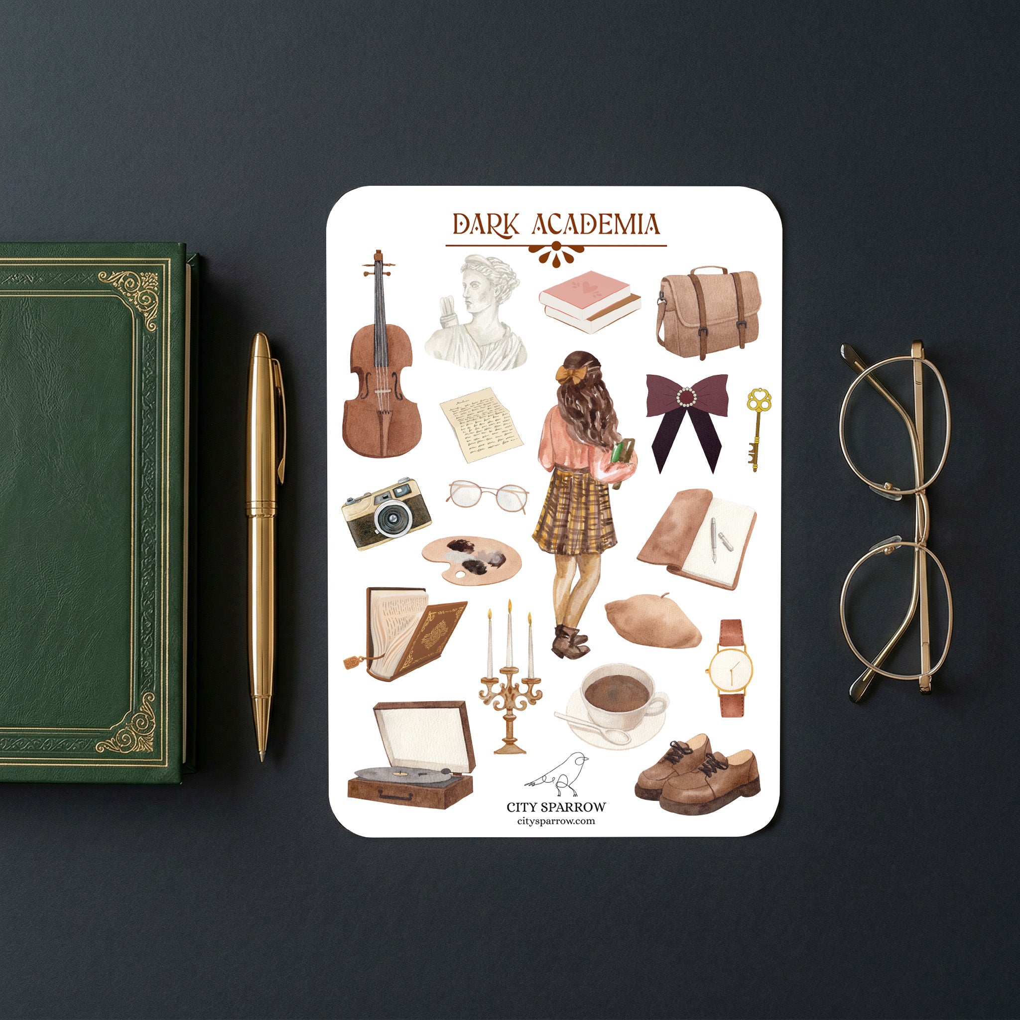 Sticker sheet with 'Dark Academia' theme featuring illustrations of a woman, books, glasses, and other objects on a dark background.