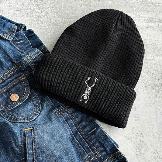 Organic Cotton Embroidered Beanie | Cartwheeling Skeleton