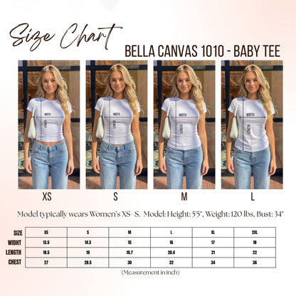 Size chart for Bella Canvas 1010 baby tee with model wearing the shirt in XS, S, M, and L.