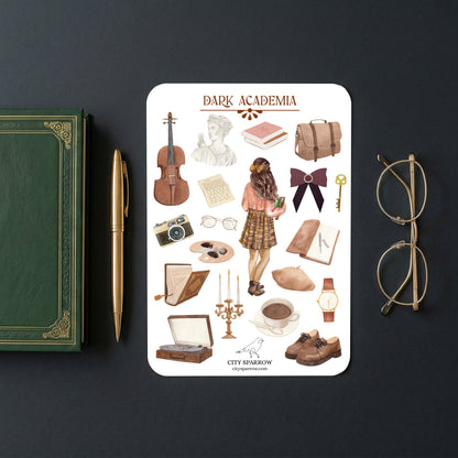 Sticker sheet with 'Dark Academia' theme featuring illustrations of a woman, books, glasses, and other objects on a dark background.