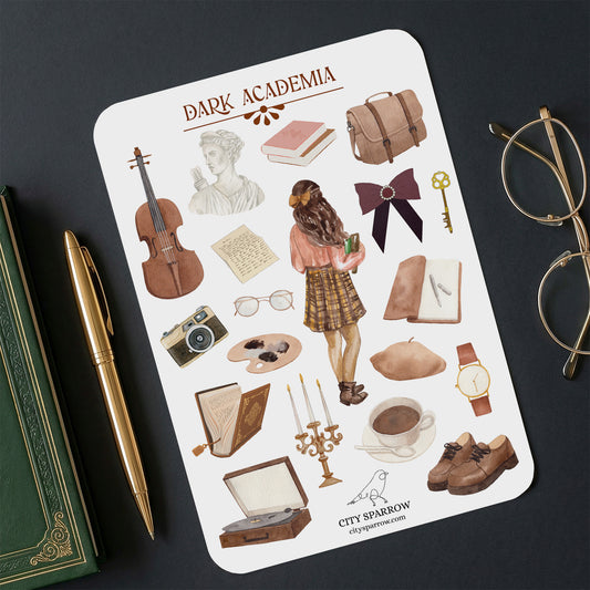 Sticker sheet with 'Dark Academia' theme featuring a girl, books, and other objects on a dark surface with glasses and a pen.