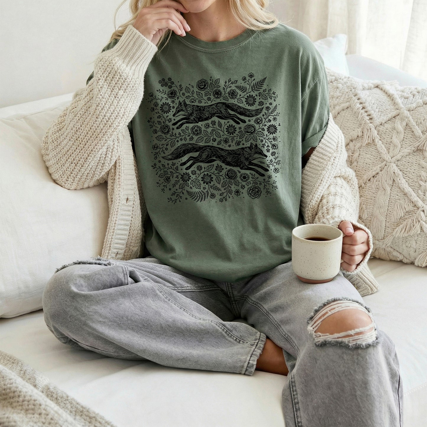 Floral Foxes Comfort Colors Tee Shirt