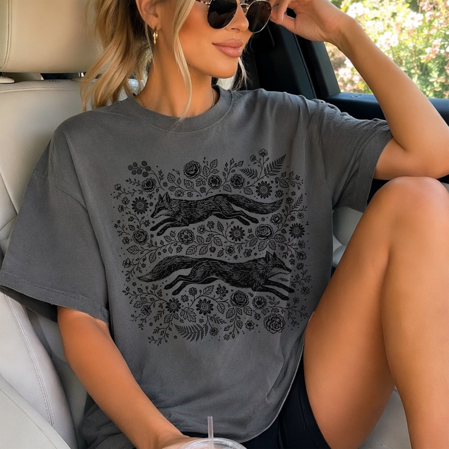 Floral Foxes Comfort Colors Tee Shirt
