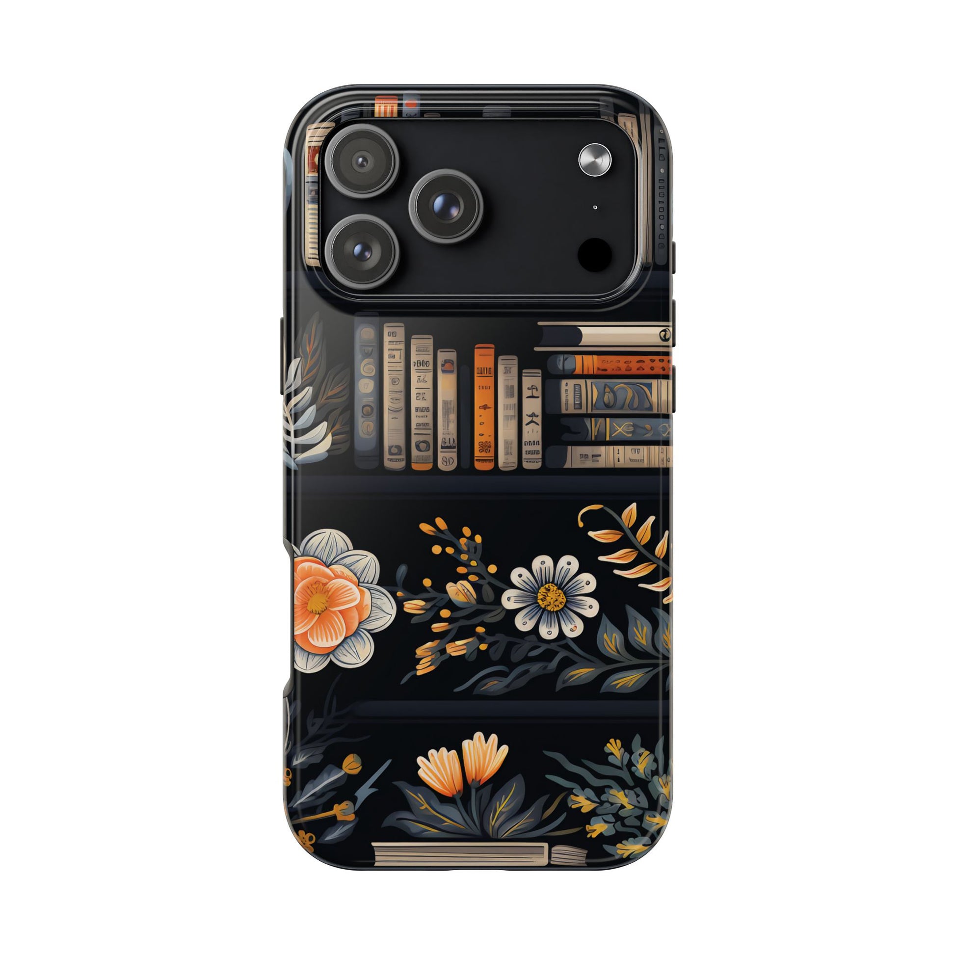 Phone case with floral and book design on a black background