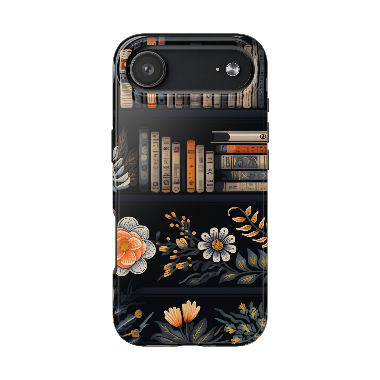 Phone case with floral and book design on a black background