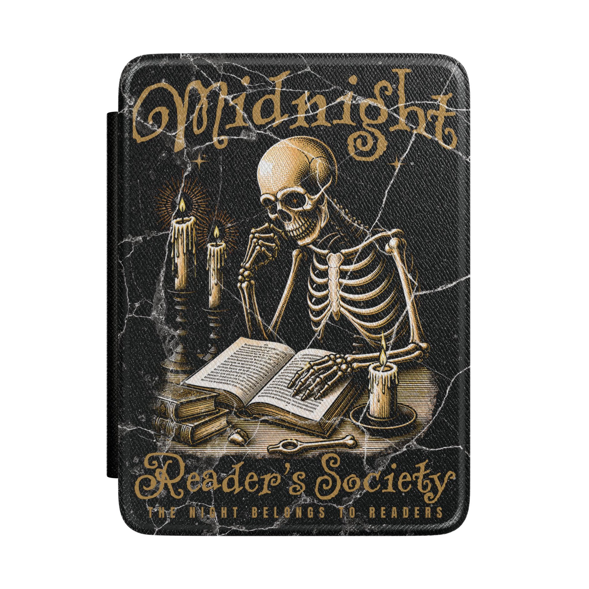 Kindle Case with skeleton reading a book and candles, labeled 'Midnight Reader's Society'.