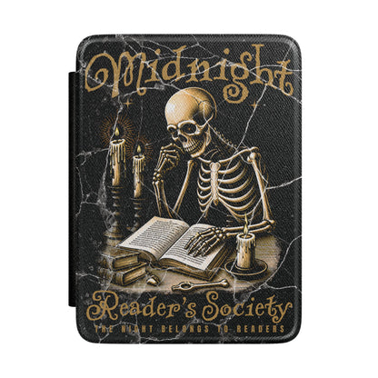 Kindle Case with skeleton reading a book and candles, labeled 'Midnight Reader's Society'.