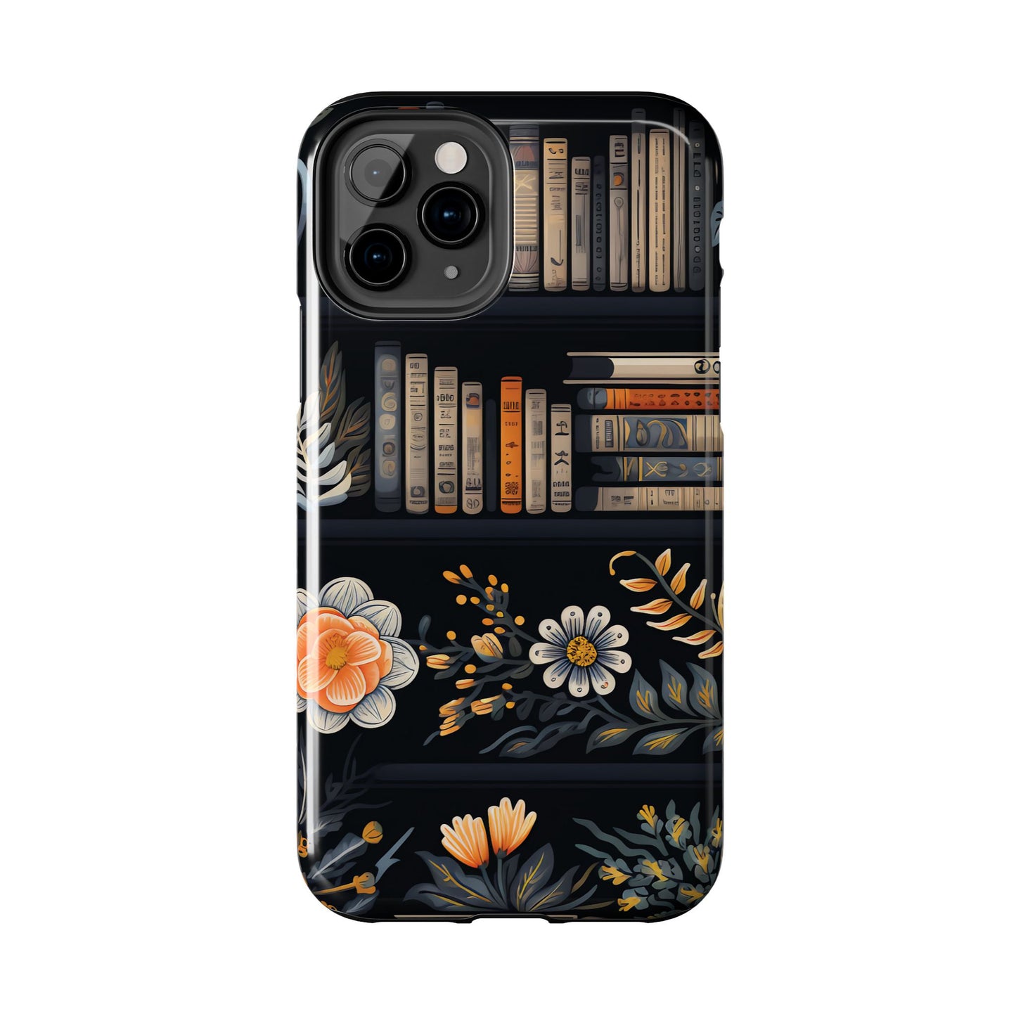 Phone case with book and floral design on a black background