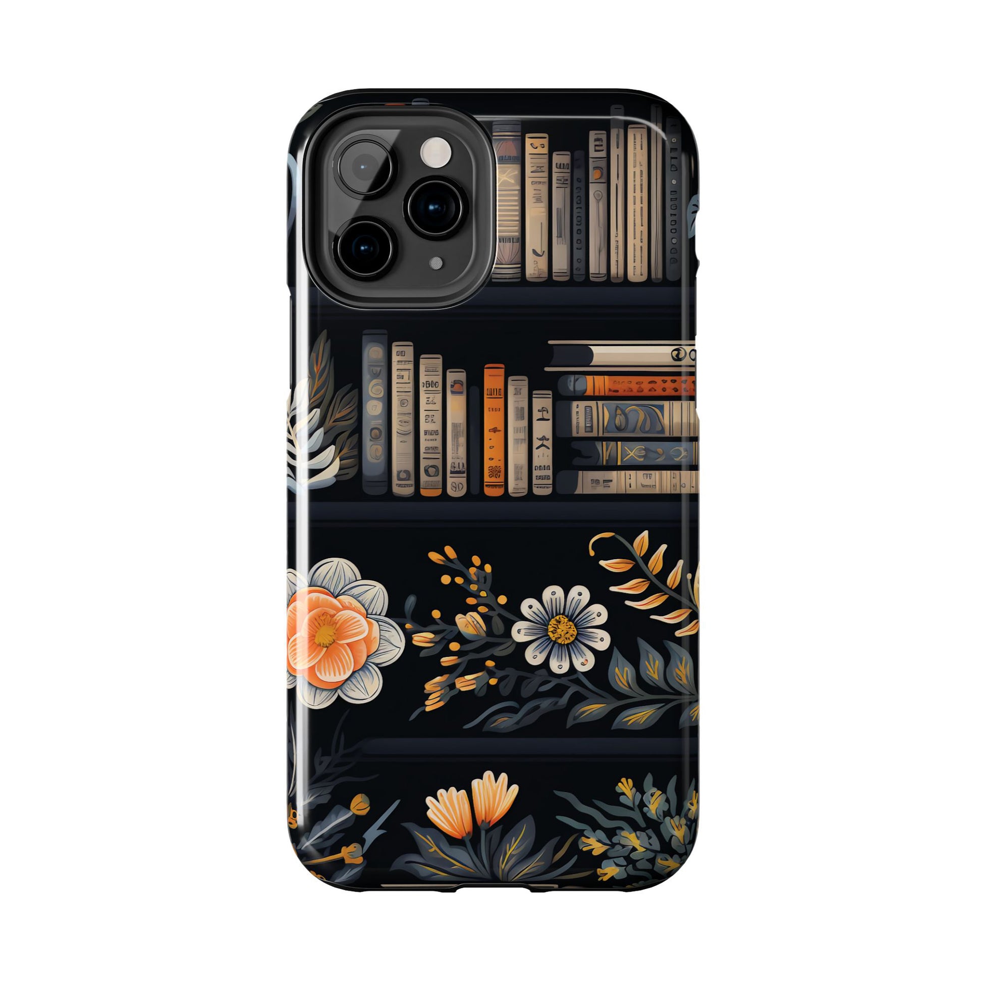 Phone case with book and floral design on a black background