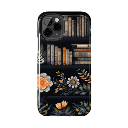 Phone case with book and floral design on a black background