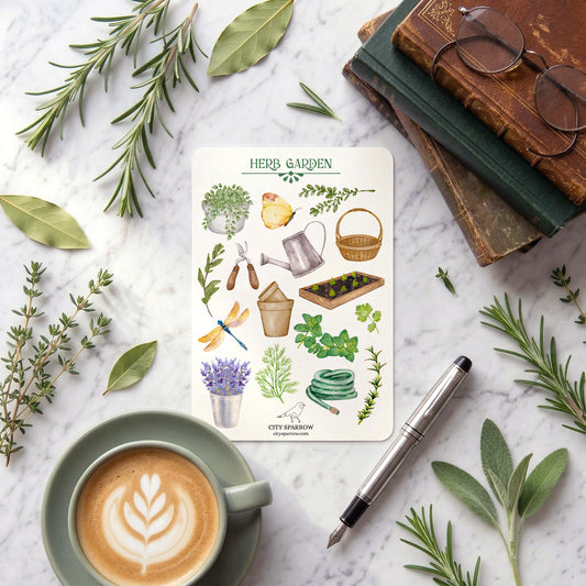 Herb garden-themed sticker sheet with a cup of coffee, pen, and herbs on a marble surface