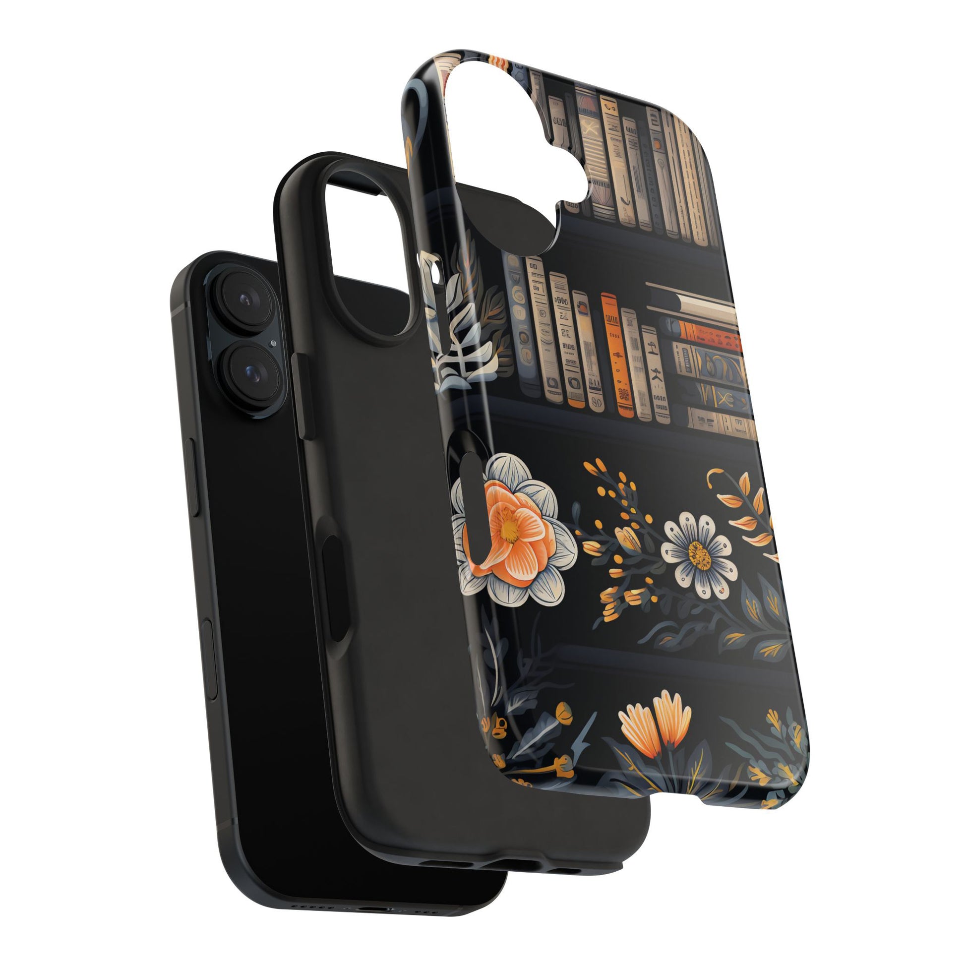 Phone case with bookcase pattern on a white background