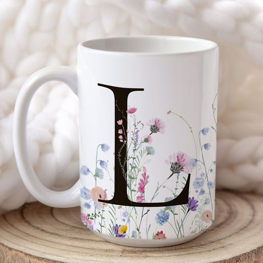 Personalized Floral initial Mug | 15 Ounce