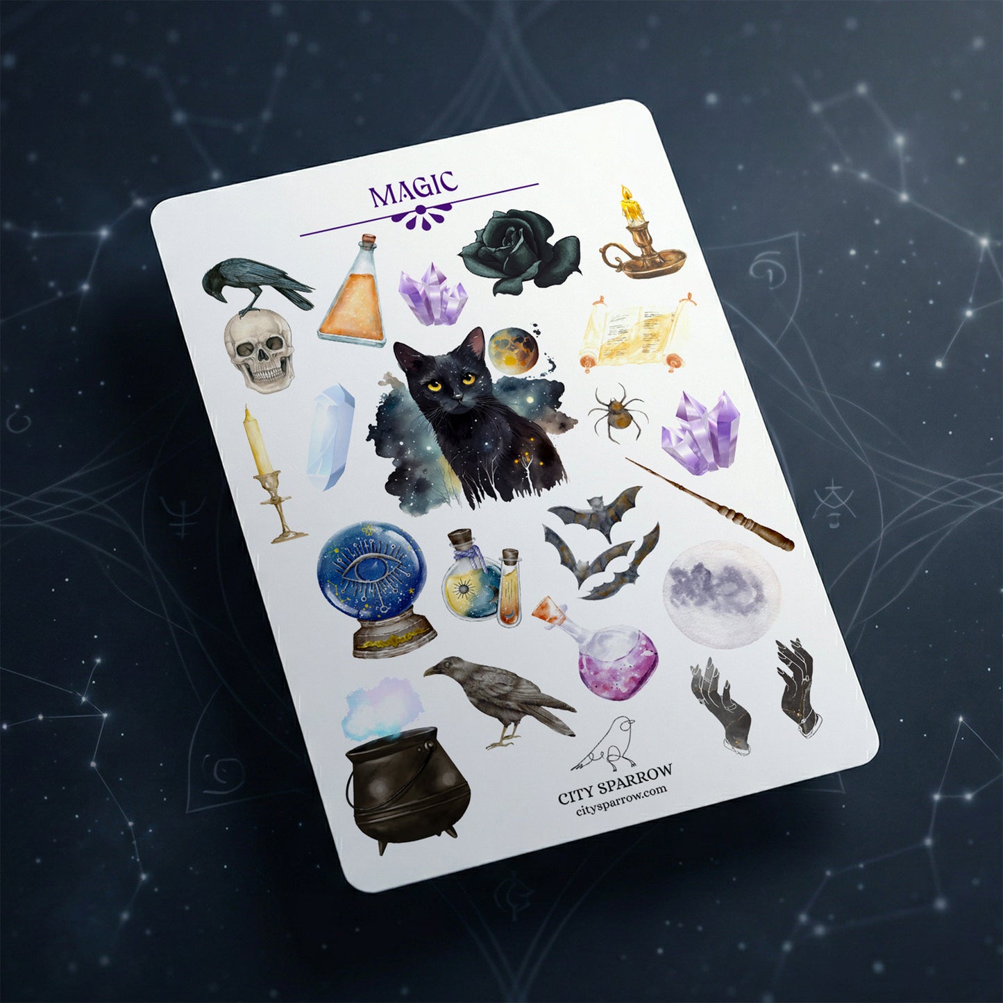 Sticker sheet with magic-themed illustrations on a dark background