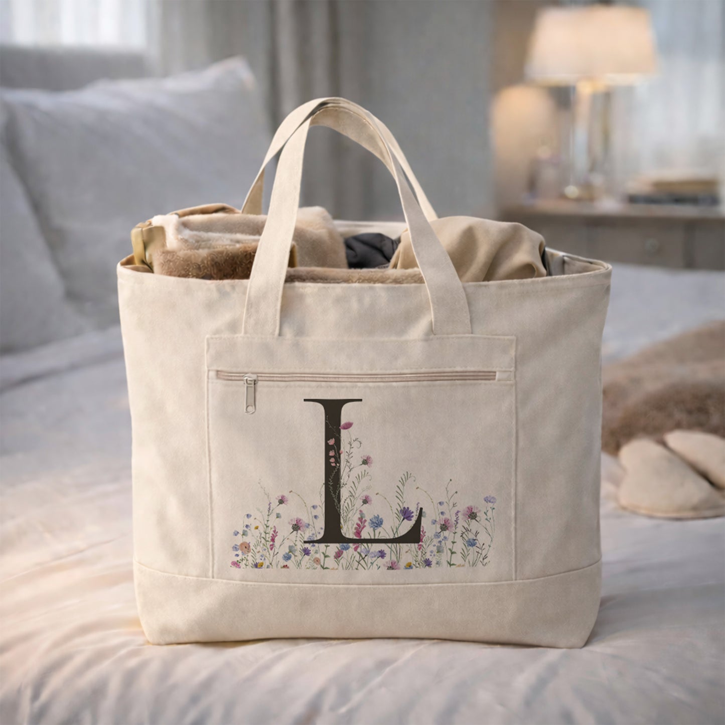 Monogrammed Zippered Canvas Tote