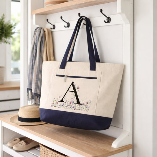 Monogrammed Zippered Canvas Tote