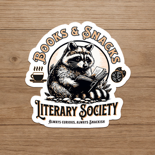 Sticker with a raccoon reading a book and holding a snack, labeled 'Books & Snacks Literary Society' on a wooden background.