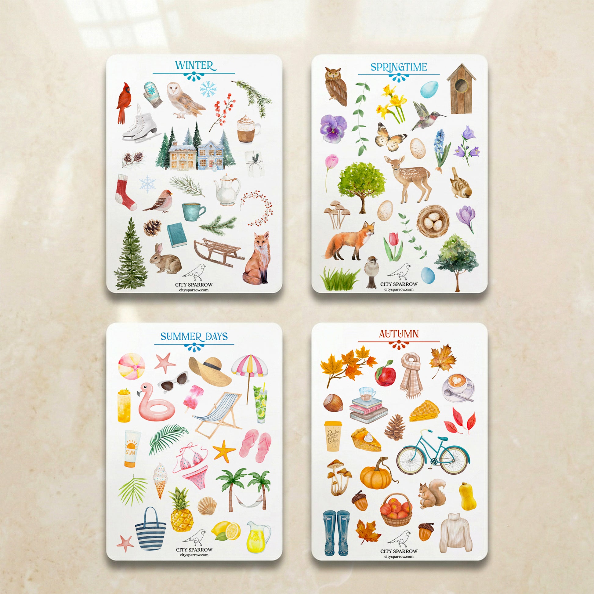 Four seasonal cards with illustrations of winter, spring, summer, and autumn on a beige background.