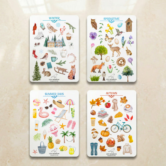 Four seasonal cards with illustrations of winter, spring, summer, and autumn on a beige background.