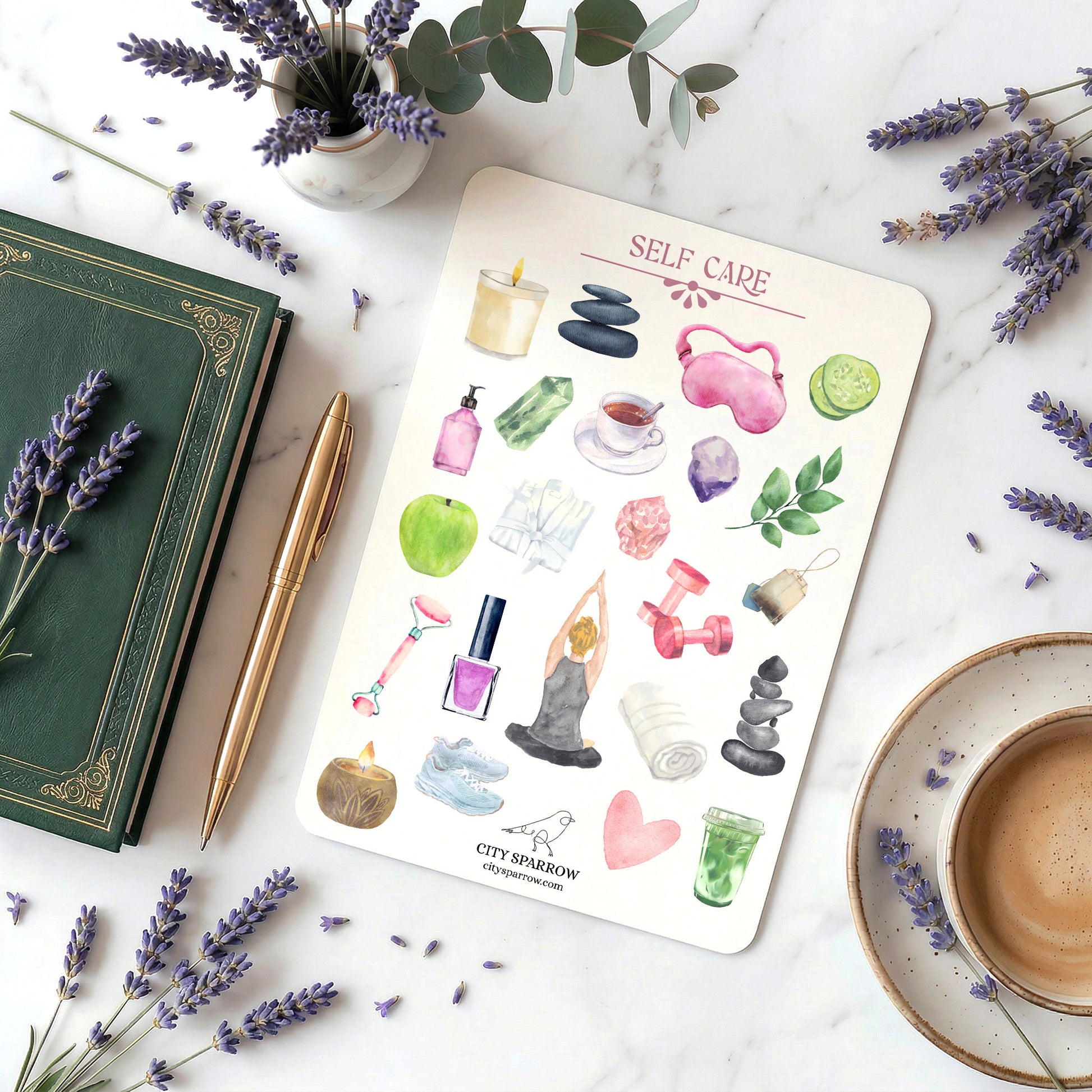 Sheet of self-care stickers with a pen, book, and lavender flowers on a marble surface