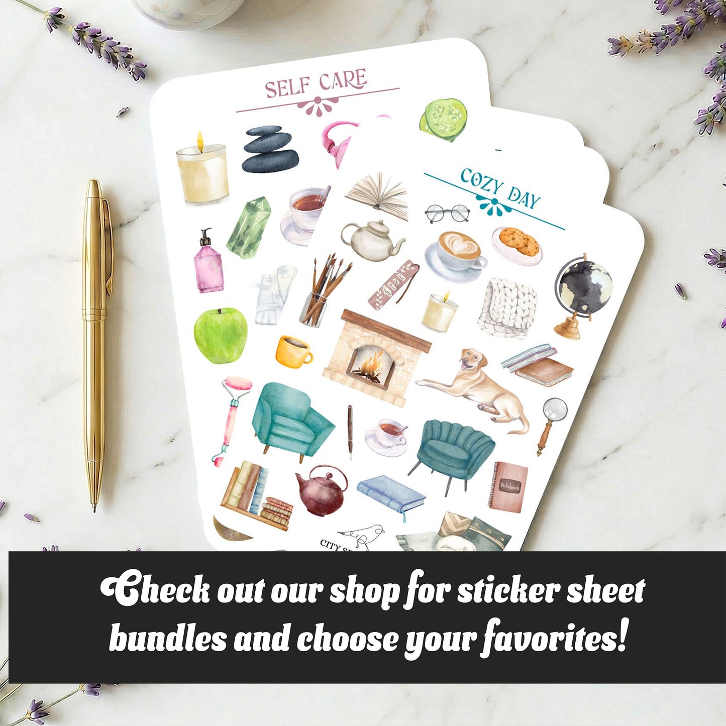 Sticker sheet with various illustrations on a marble surface with lavender flowers.
