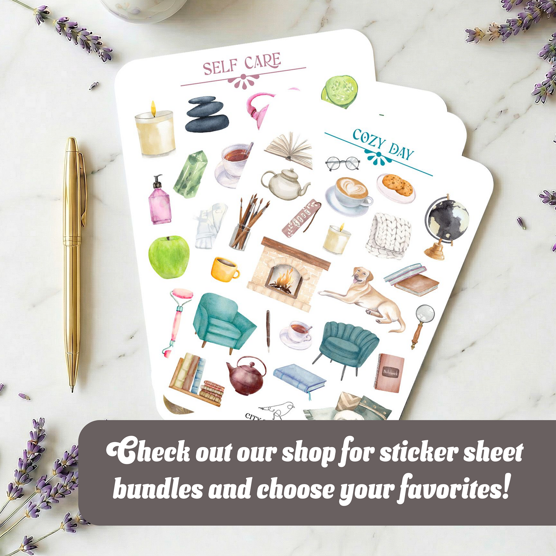 Sticker sheet with various illustrations on a marble surface with lavender flowers.