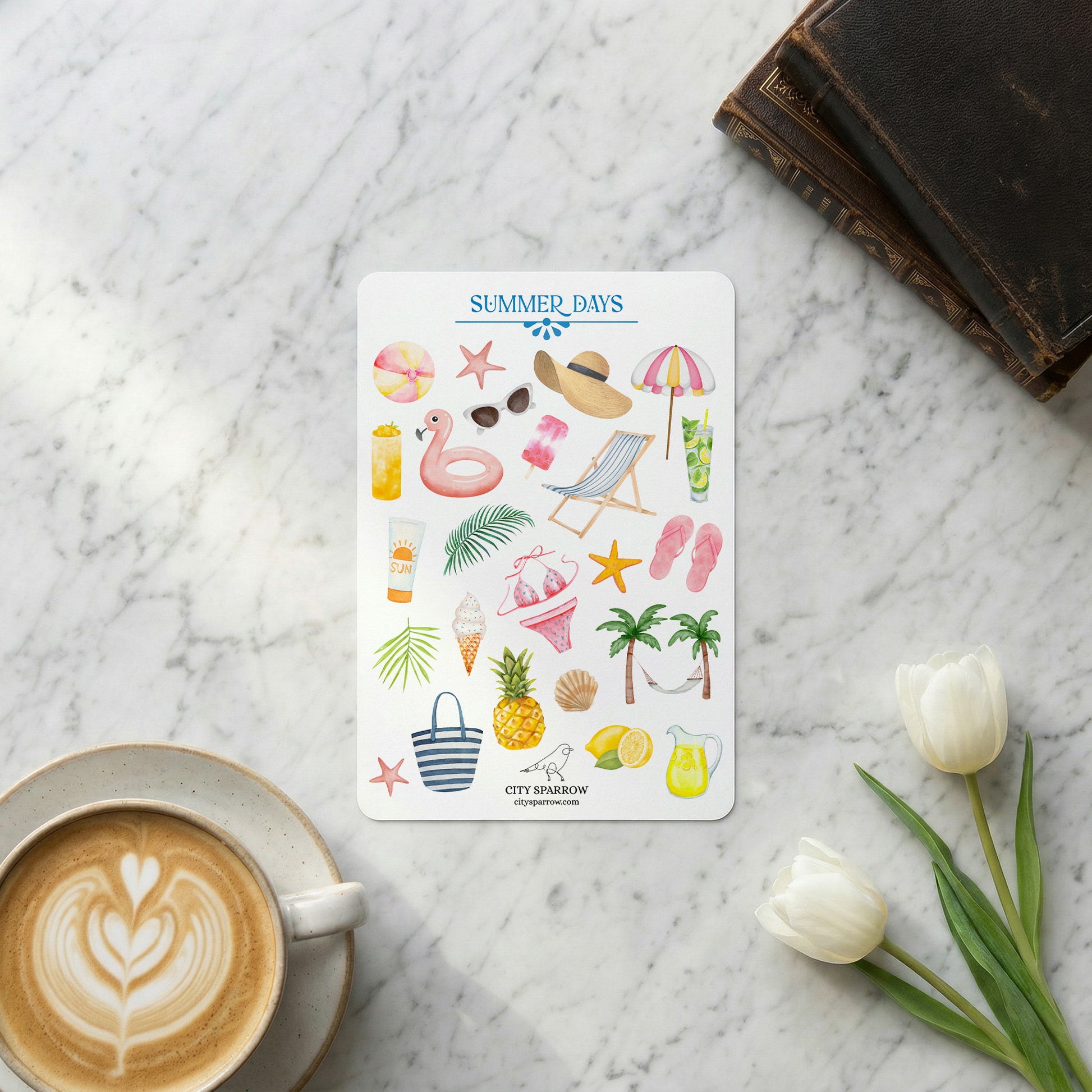 Sheet of summer-themed stickers labeled 'Summer Days' on a marble surface with a coffee cup and tulips.