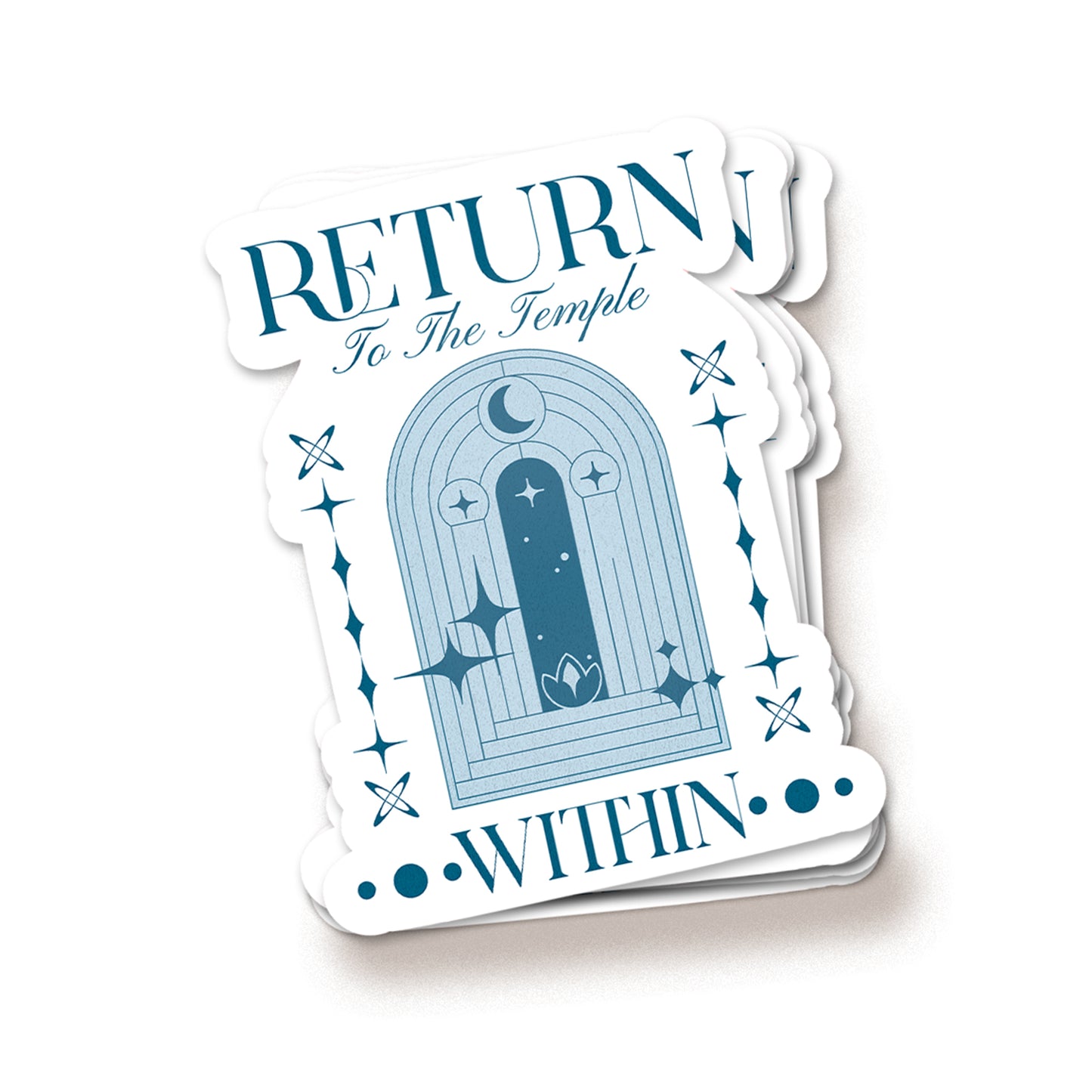 Sticker with a temple design and text 'Return to the Temple Within' on a white background