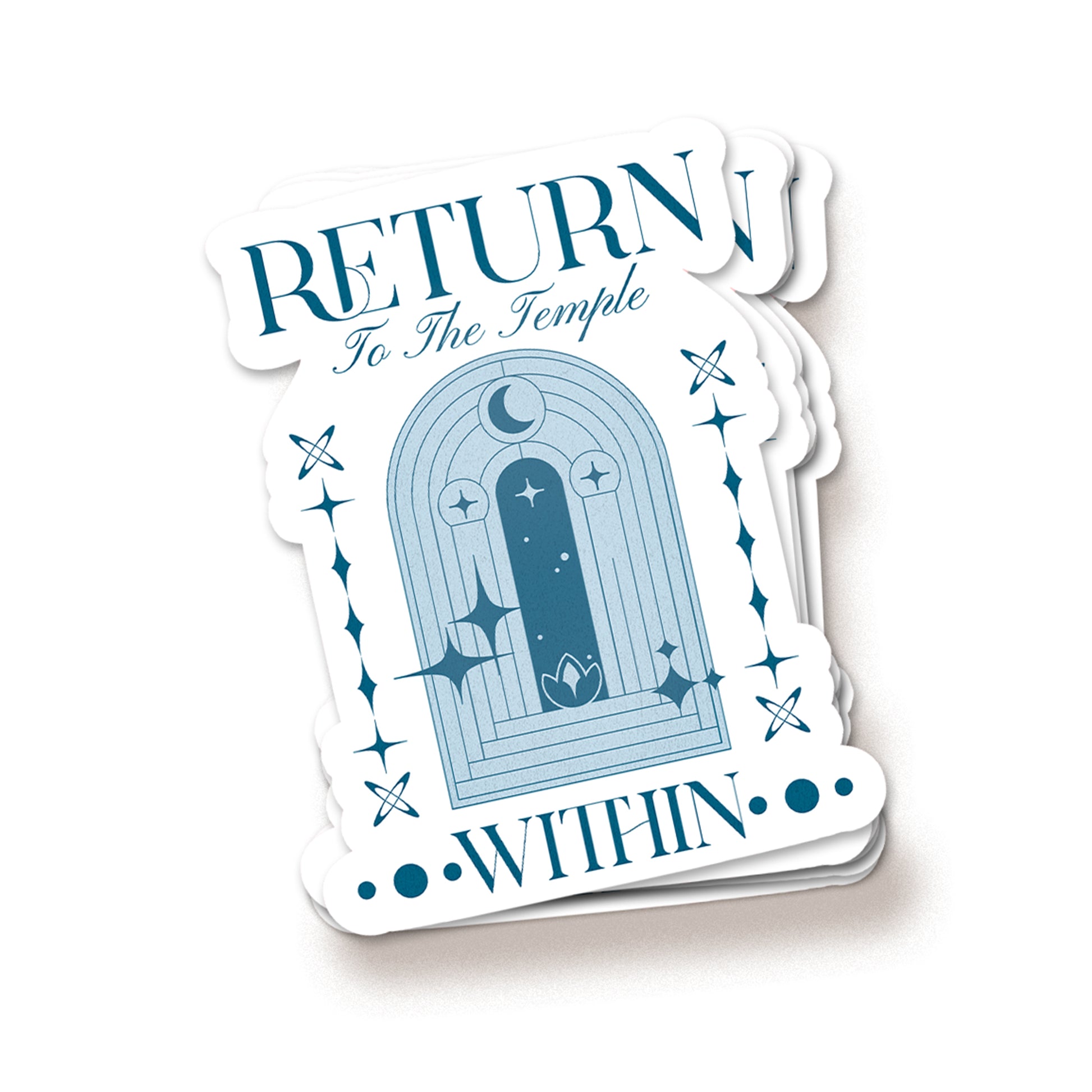 Sticker with a temple design and text 'Return to the Temple Within' on a white background
