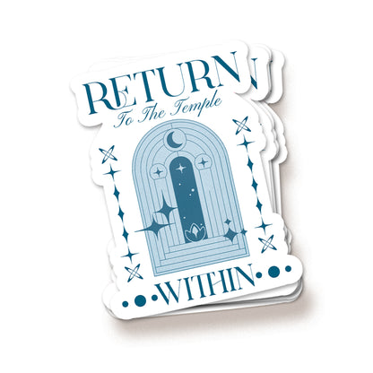Sticker with a temple design and text 'Return to the Temple Within' on a white background