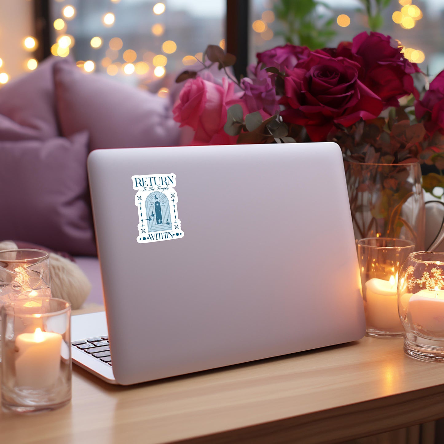 Laptop with a sticker on a wooden table with candles and flowers in the background