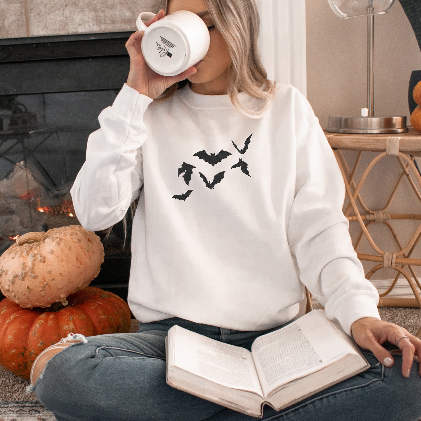 Embroidered Crewneck Sweatshirt | Halloween Bats