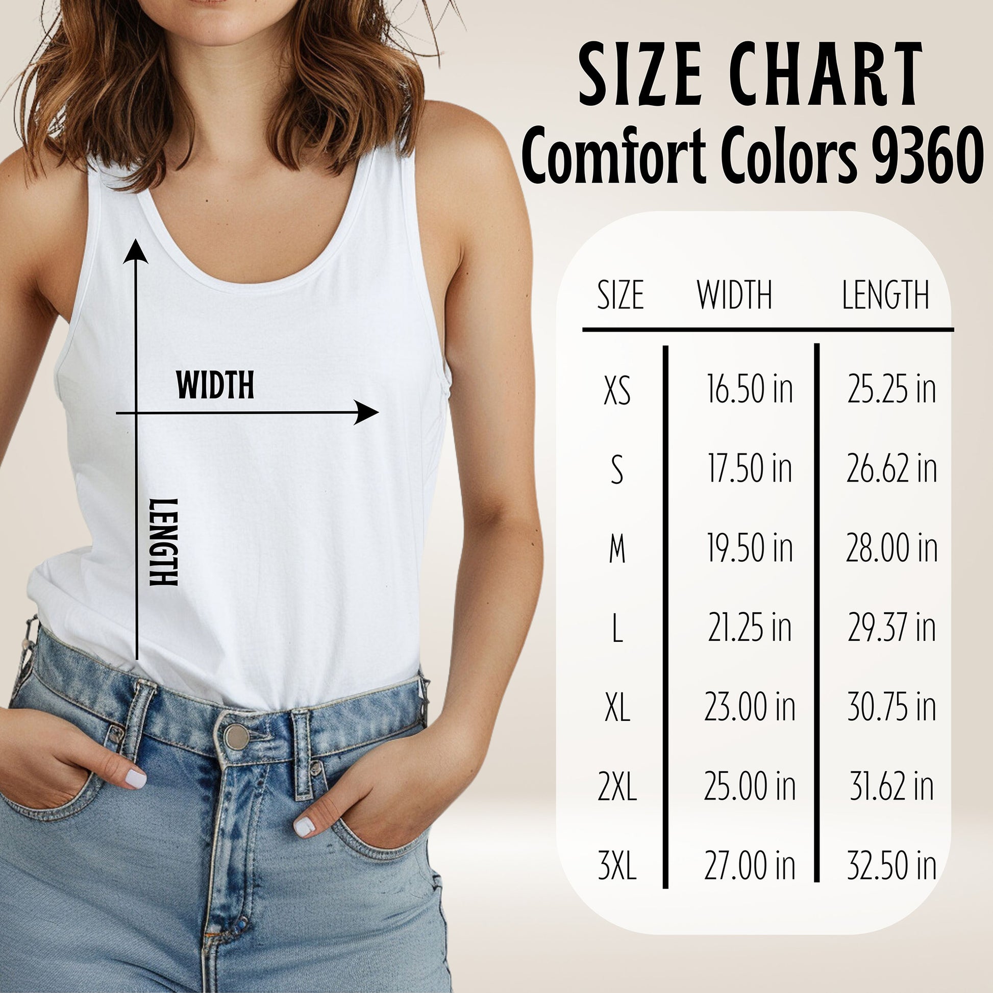 Person wearing a white tank top and blue jeans with a size chart overlay on a beige background.