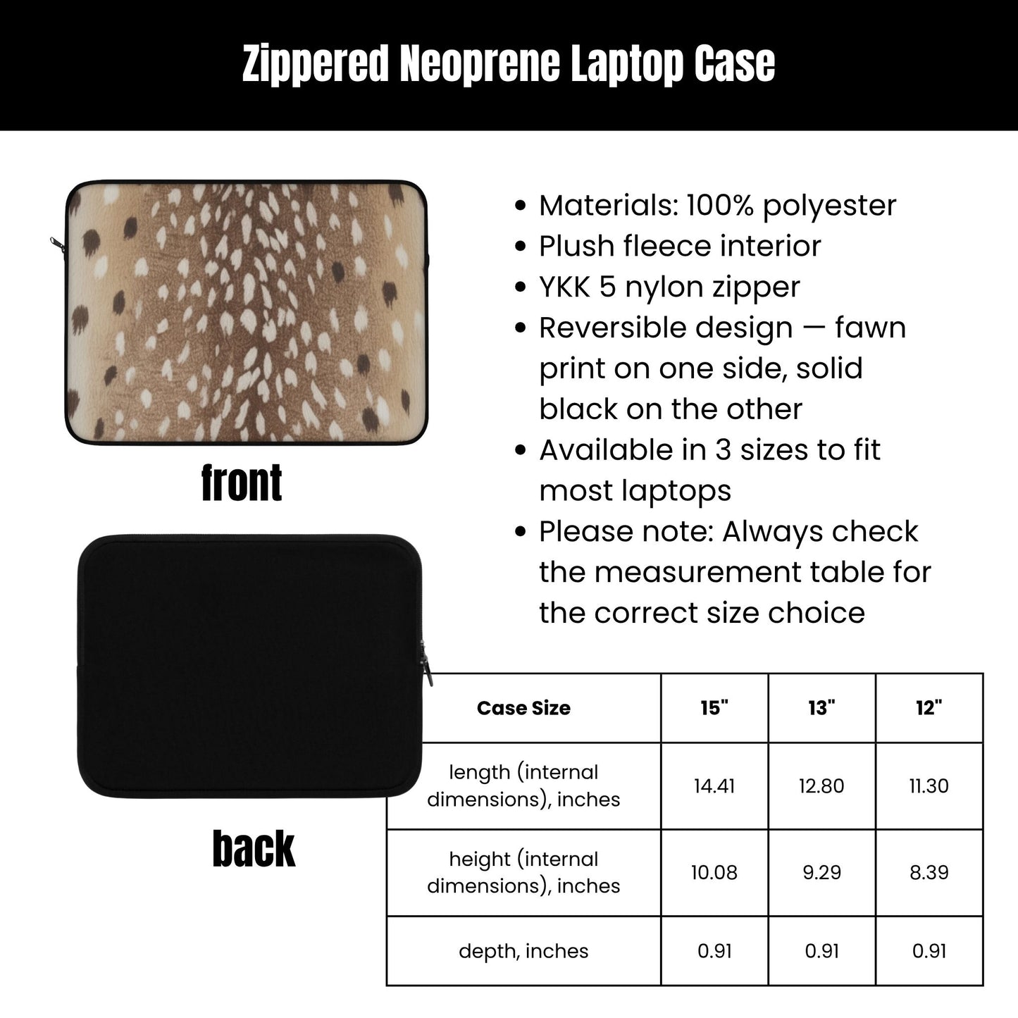 Product description of a zippered neoprene laptop case with specifications and images.